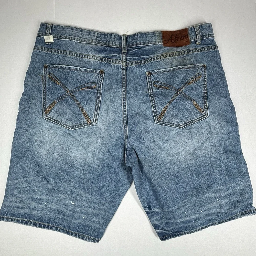 Akoo 99th Bombardier Blue Denim Mens Jean Shorts 42X11 Camo Patchwork Street EUC